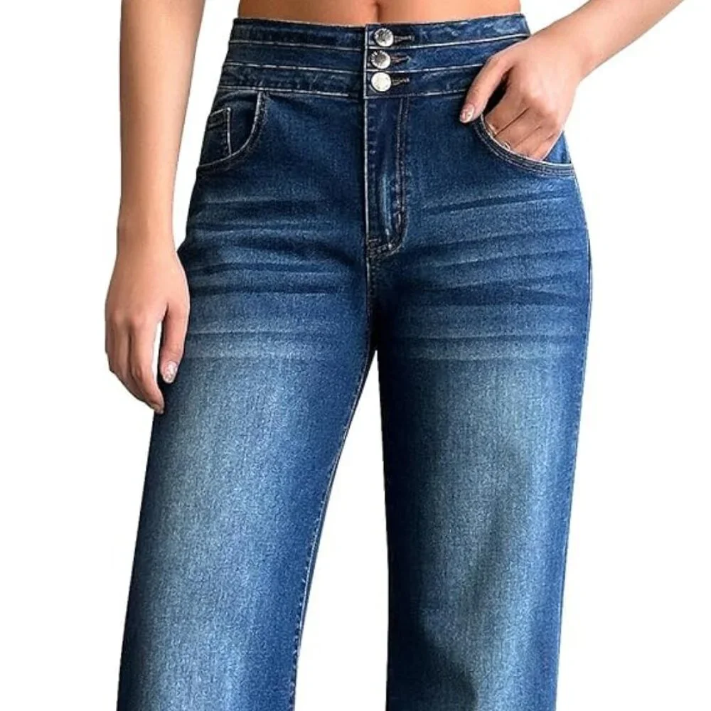 ROSWEAR Women's Wide Leg Jeans Casual High Waisted Stretch Sz: M Blue